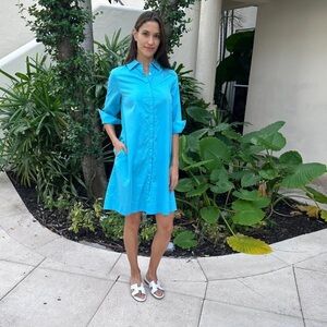 Perlavera Cotton Shirt Dress Button Front Pockets Blue Small Womens
